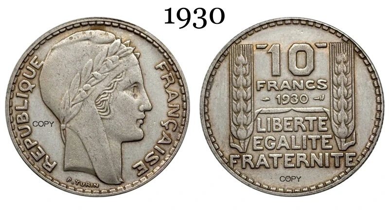 

Коллекционная серебряная копия монеты Франция 10 франков 1930-1934 Liberte Republic