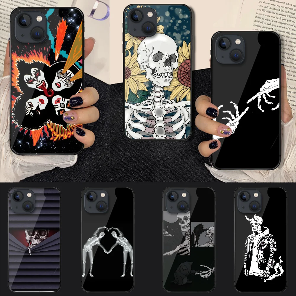 

Skull Skeleton Horror Art Man Tempered Glass Phone Case Cover For Iphone 7 8 11 12 13 14 Pro Max Plus Mini 6s X XS XR SE Black