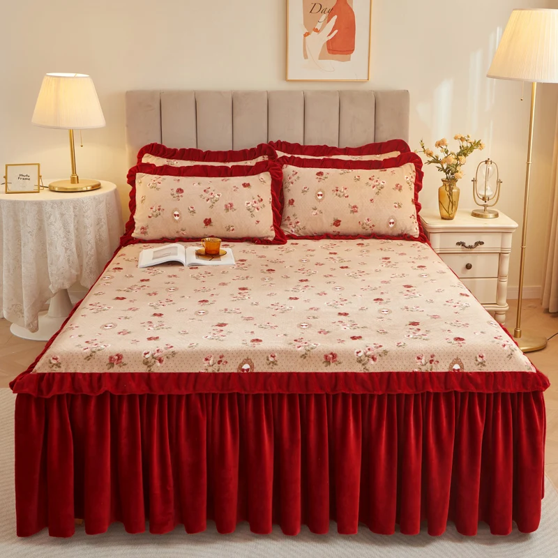 

1pc Thicken Milk Velvet Bed Skirt Retro Style Red Bed Skirt Four Corners With Elastic Band falda de cama (Without Pillowcase)