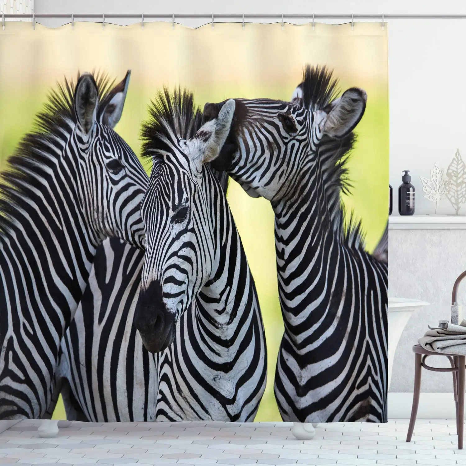 

African Grassland Animal Shower Curtain Wildlife Zebra Illustration Shower Curtain Bathroom Bathtub Decor Screen with Hooks