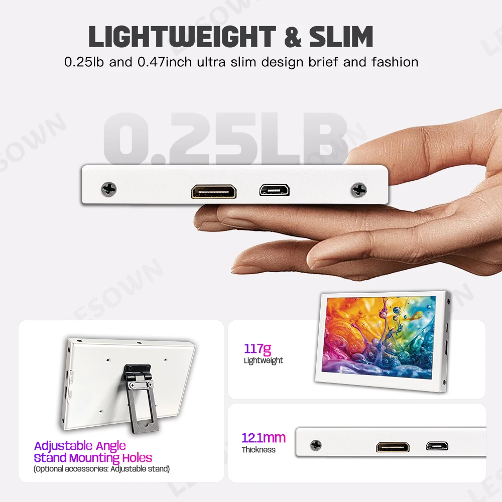 Фото LESOWN Мини-портативный монитор 5-дюймовый IPS-маленький дисплей 480x800 HDMI 5 В с питанием от USB Маленький легкий экран для отображения состояния Белый №3