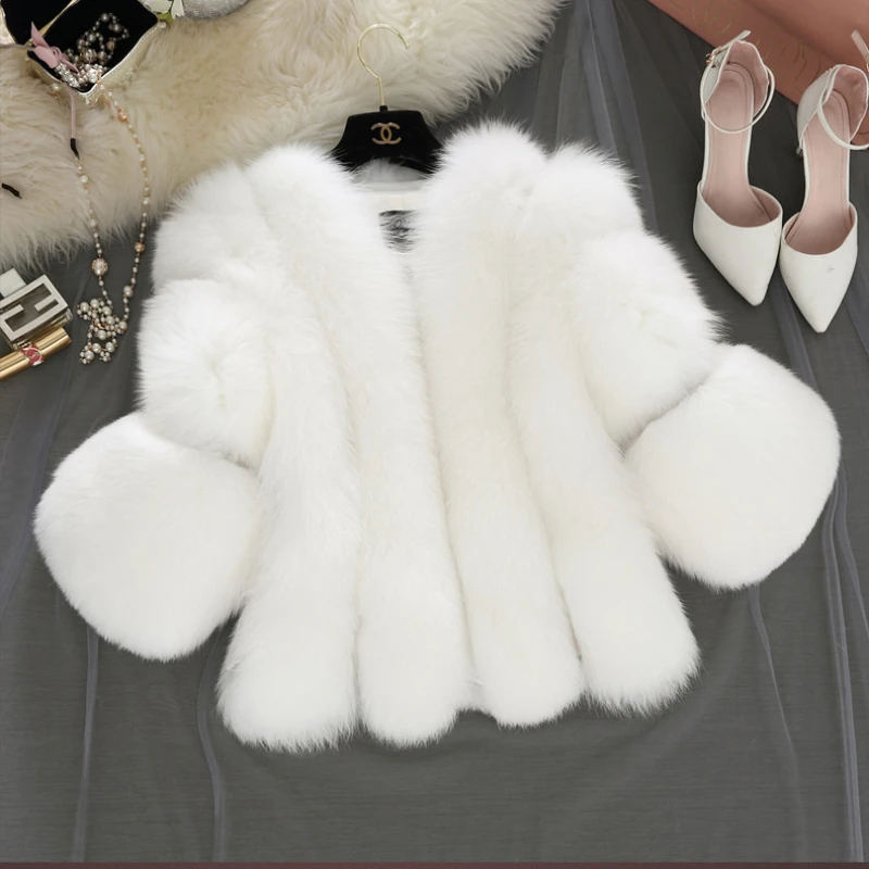 ICCLEK Fox like fur coat in winter long sleeve thickened fur like coat stitched fur to keep warm