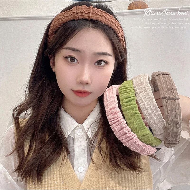 

Новинка 2022, однотонные вязаные повязки для волос, модная плиссированная повязка на голову для женщин и девушек, модная обруч для волос карам...