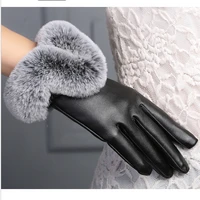 womens winter gloves synthetic leather warm plush thickened fashion cute big rex rabbit fur mouth