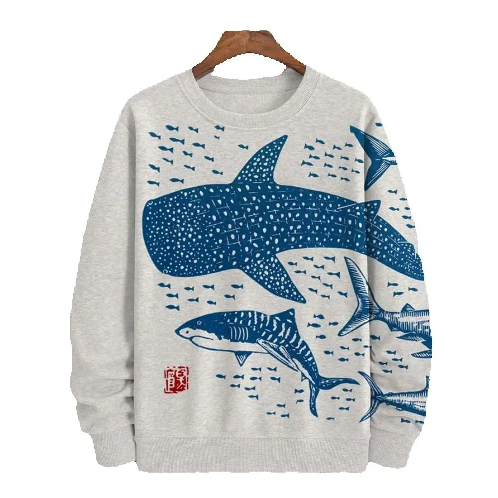 Осенние мужские толстовки с рисунком рыбы футболка длинным рукавом модная