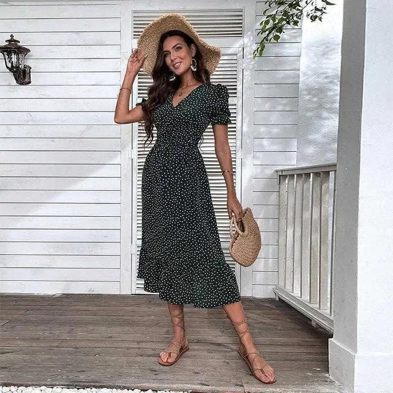 

Summer Womens Polka Dot V Neck Casual Dresses Pleated Midi Empire Dress