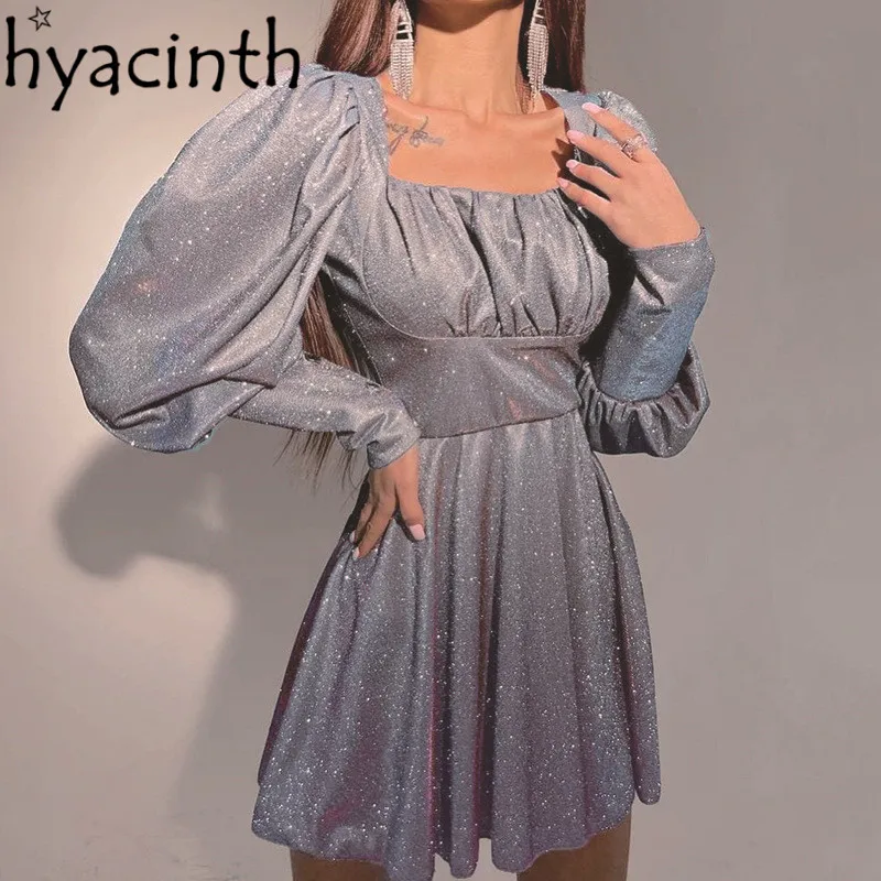 

Женское платье с блестками, повседневное однотонное платье миди с длинным рукавом и квадратным вырезом, с высокой талией, осень 2022