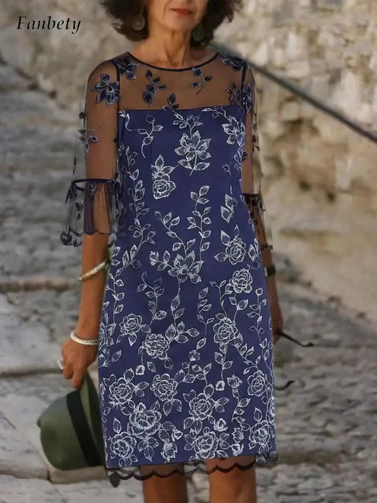 

Boho Retro Floral Print Loose Dress Summer O Neck Transparent Mesh Midi Dress Women Casual Flare Sleeve A-Line Pullover Dresses