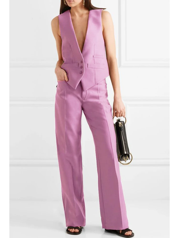 

（Vest+Pants）Women's Vest Fashion Solid Color Loose Temperament Single Breasted Suit Collar Sleeveless Jacket Street Style