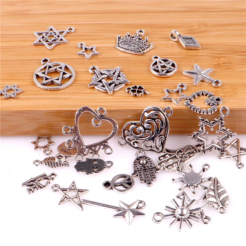 

30pcs Mix Ancient Hand of Fatima,Stars,Sun,Connector Alloy Charms Pendant Diy Keychain necklace Jewelry Making Wholesale