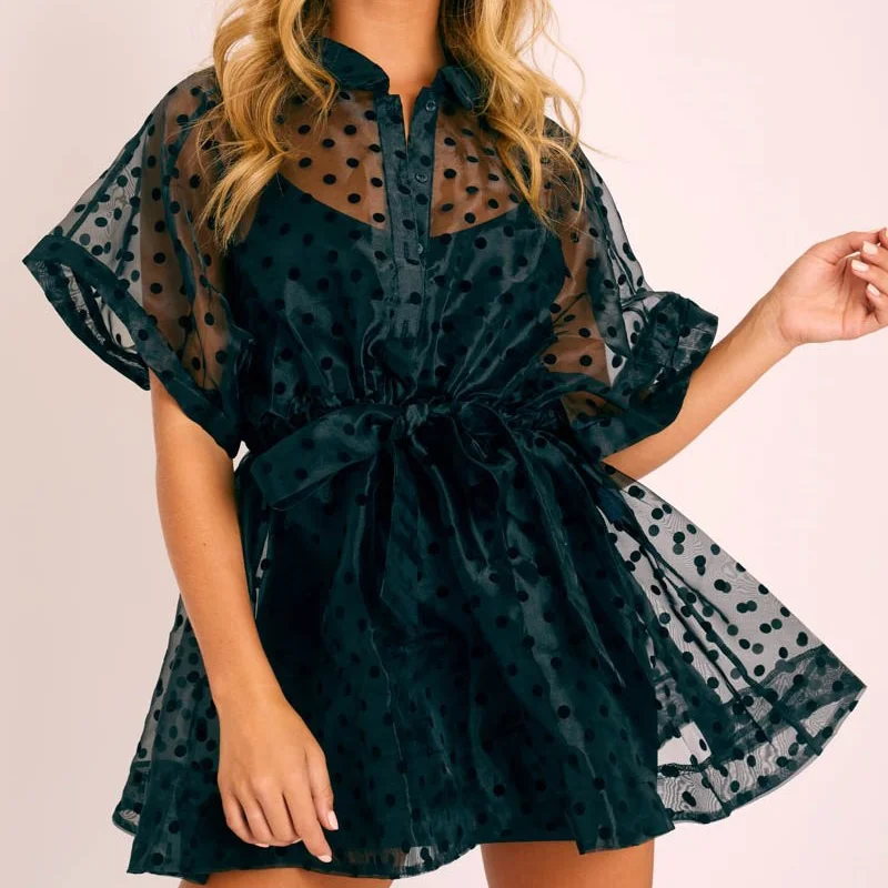 

Sexy Women See Through Party Mesh Sheer Dress Tulle Lace Dot Print Dress Short Sleeve High Waist Lace-up Beach Dress White Black
