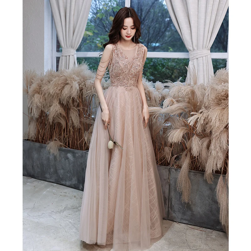 

Shoulder Straps Sleeveless Prom Dresses Long Luxury Appliques A-Line Floor-Length Tulle Women Evening Gowns With Beads