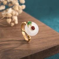 2022 new creative design ancient gold bamboo knot leaf ring milky white hetian jade opening adjustable rings for women jewelry