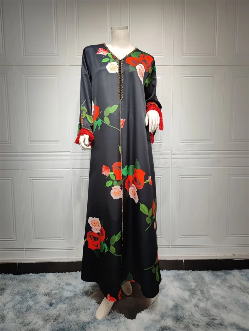 Dubai Luxury Abaya Elegant Casual Printed V-Neck Diamonds Tassel Sleeve Women Kaftan Muslim Dress Formal Occasion Dresses