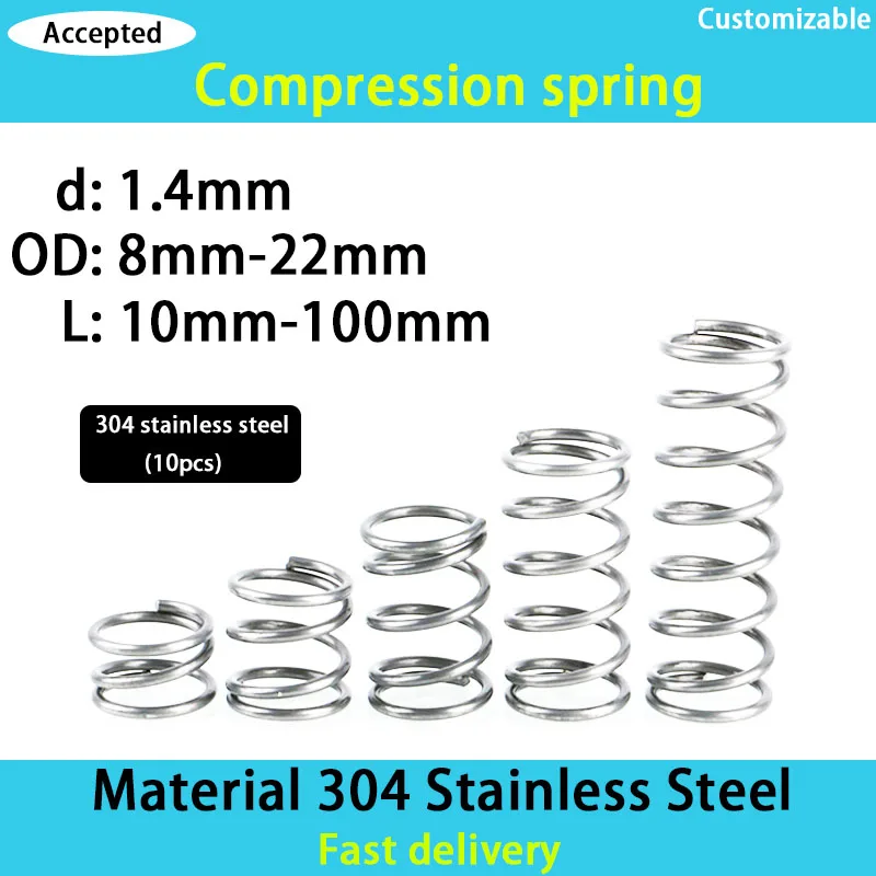 

304 Stainless Steel Spring Compression Spring Wire Diameter 1.4mm Outer Diameter 8mm-22mm (10pcs)
