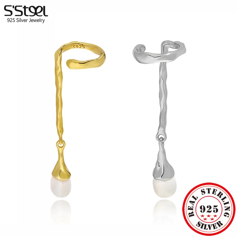 

S'STEEL Freshwater Pearl Long 925 Sterling Silver Clip Earring For Women Gold Earing Designer Dainty Engagement Fine Jewelry