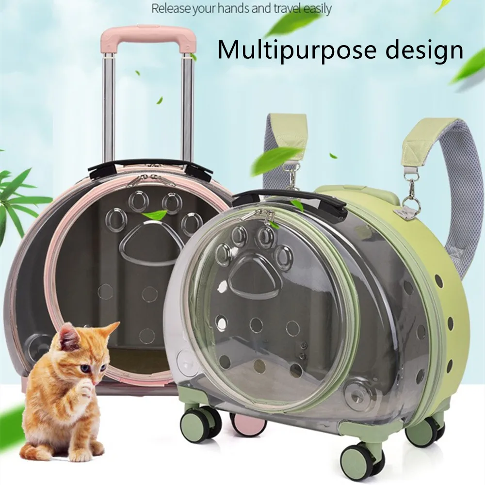 Breathable Pet Trolley Case Backpack Cat Dog House Outing Luggage Suitcase Travel Bag Transparent Handbag Pets 4 Wheel Stroller