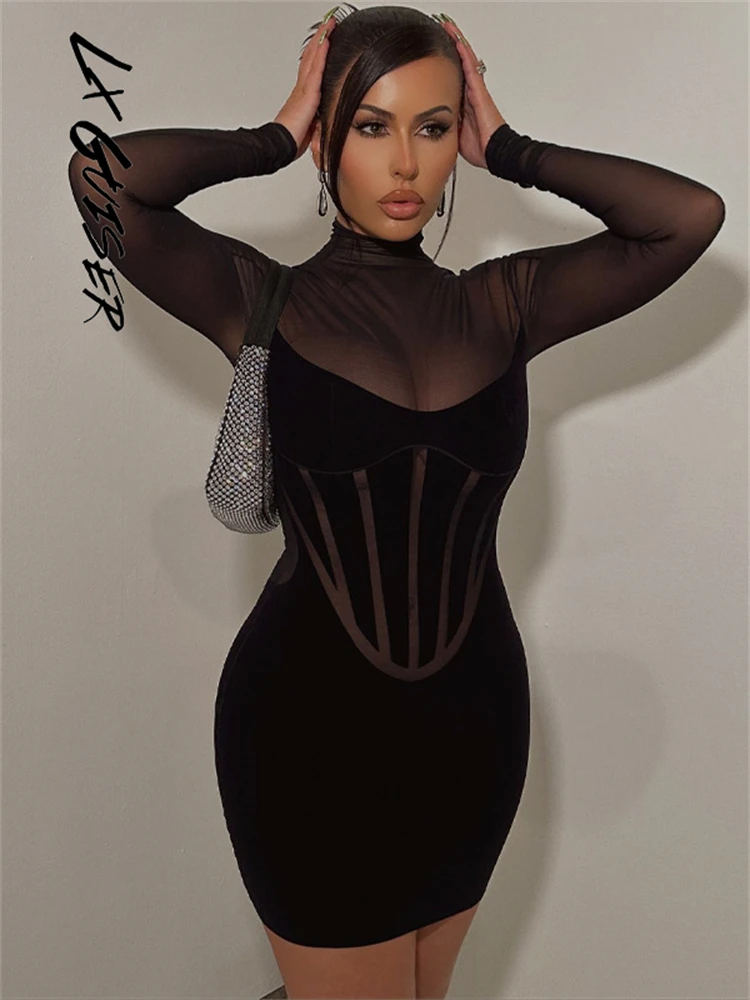 

Lx Guiser Sexy Mesh Turtleneck Bodycon Women Black Mini Dress 2023 Summer Elegant Long Sleeve Streetwear Party Female Dresses