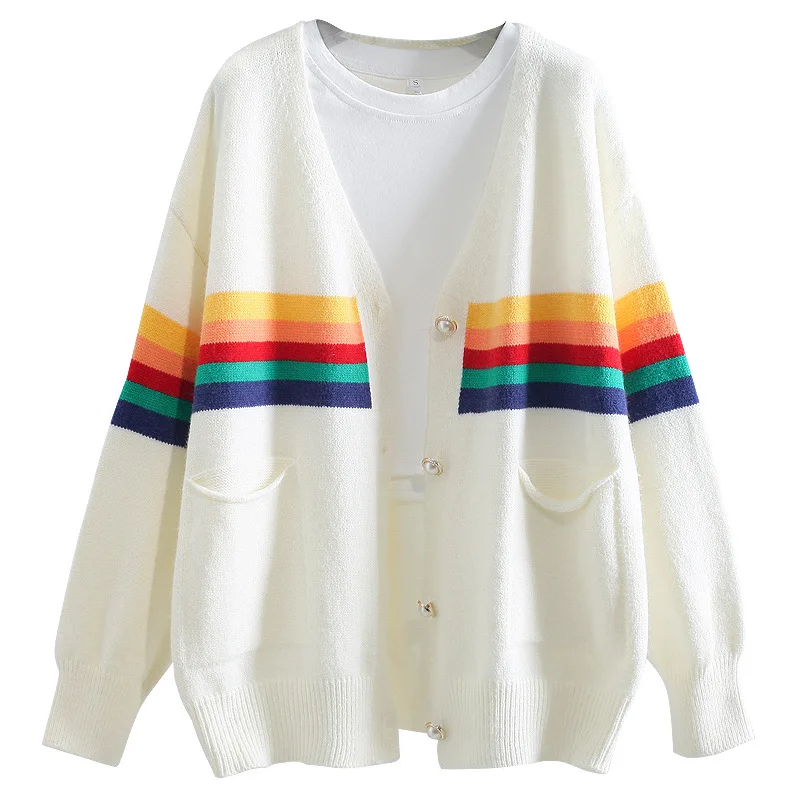 

Cardigan Sweater 2022 Rainbow Striped V Neck Long Sleeve Knit Loose Jacket Student Girls Cute Crochet Jacket kimono cardigan