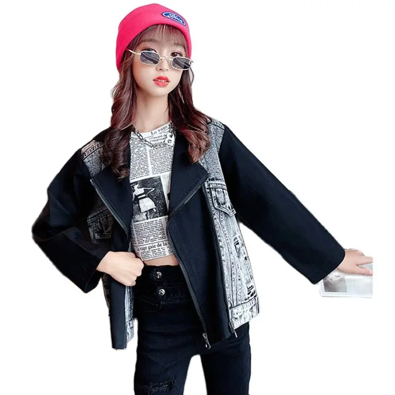 

Children's Clothing Teen Girls Fashion Patchwork Denim Jackets Spring Autumn New Tops Side Zipper Design Outerwear 6 8 10 12 Yrs