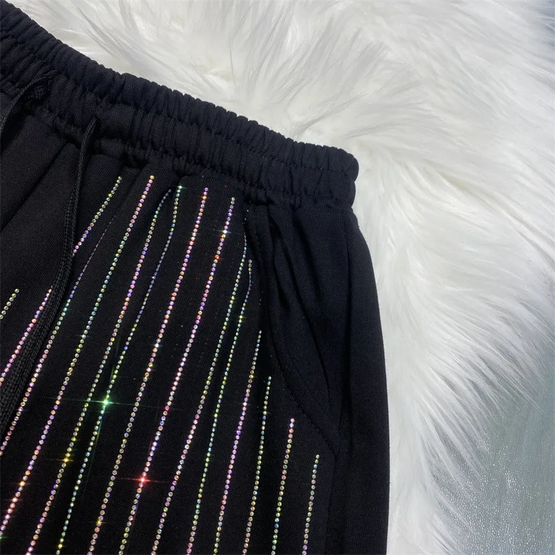 Vertical Striped Rhinestone Shorts Women's Fashionable Summer New Elastic Waist Casual Black Wide Leg Short Pants Hot Pants