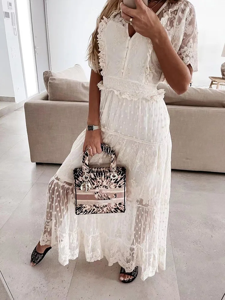 New Women Solid Hollow Out Lace Deep V-Neck Party Dress Summer Casual Short Sleeve Elastic Waist Ladies Dress Streetwear Vestido