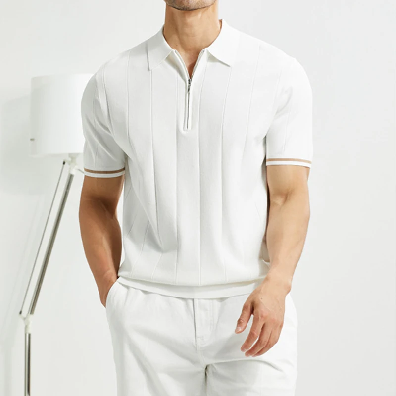 Рубашка-поло мужская однотонная модная простая вязаная кофта на молнии с