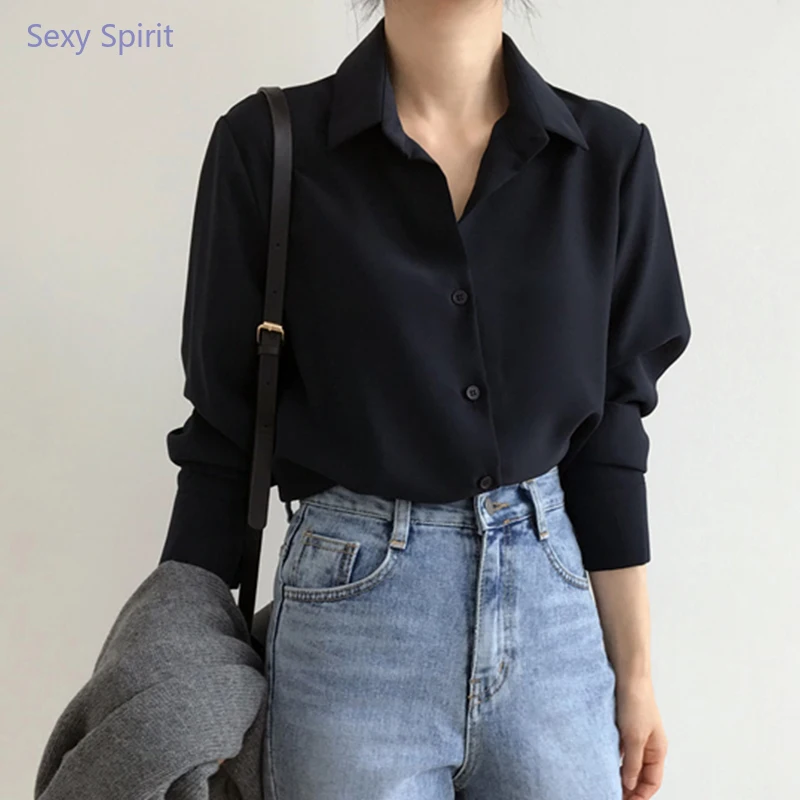 

OL 2022 Summer New Arrival Women Solid Black Chiffon Blouse Long Sleeve Casual Shirt Women's Korean BF Style Chic Tops Oversized