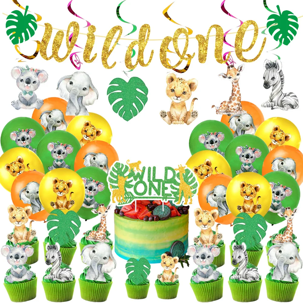 64Pcs Green Wlid  Birthday Party Supplies Baby Shower Disposable Tableware Sets  Disposable Plates Cups Flags Balloons