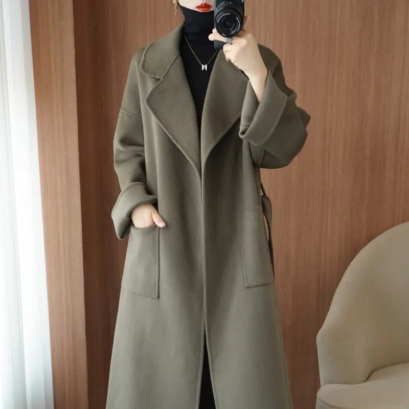 

2022 Women Autumn Winter Fashion Double-faced Woolen Coats Female Long Wool Blends Outerwear Ladies Solid Loose Jackets F398