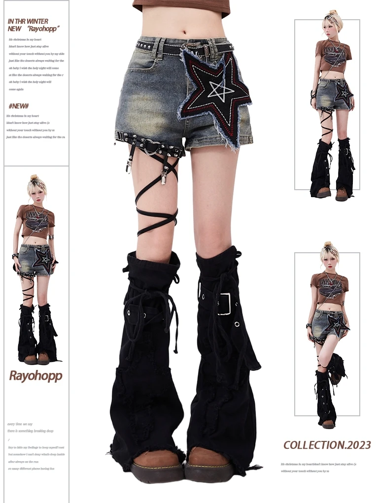 Denim Shorts Women's Summer High Street Star Affixed Cloth Embroidered Sweet Cute Wear Hot Girl Style Casual Wide Leg Hot Pants