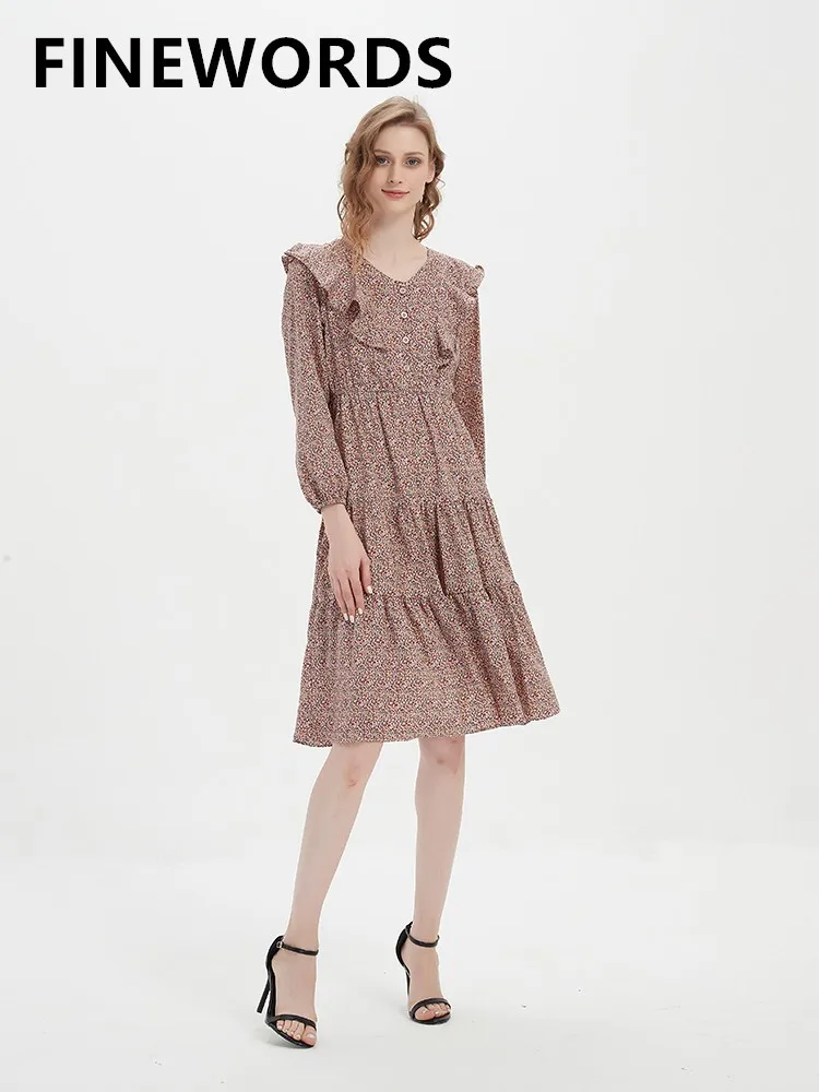 

Элегантное весеннее платье FINEWORDS 2022 с V-образным вырезом и оборками вечерние нее шифоновое платье с длинным рукавом Элегантные новые модные ...