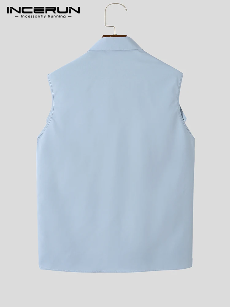 INCERUN Tops 2022 Handsome Men's Fashion Sleeveless Shirts Turn-down Collar Casual Streetwear Male Solid All-match Blouse S-5XL