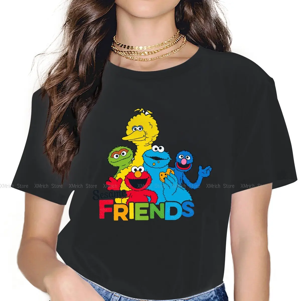 

Funny Sesame Friends T-Shirts for Women O Neck Cotton T Shirts Sesame Street 80s TV Series Short Sleeve Tees Gift Idea Tops