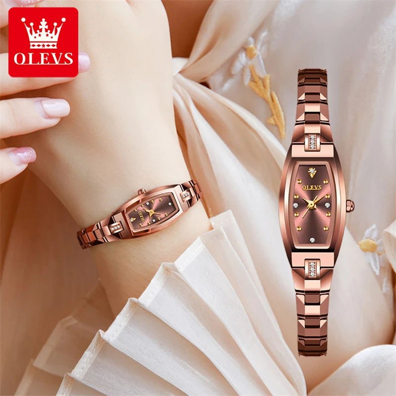 OLEVS Top Brand Luxury Tungsten Steel Watch Diamond Bracelet Set Rose Gold Quartz Women Watch Elegant Female Watches for Womens