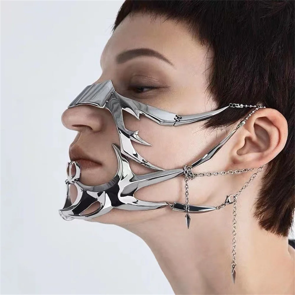 

CyberPunk Irregular Titanium Steel Mask Gothic Punk Metal Mechanical Alien Fluid Face Ornament Earrings Party Jewelry Accessorie