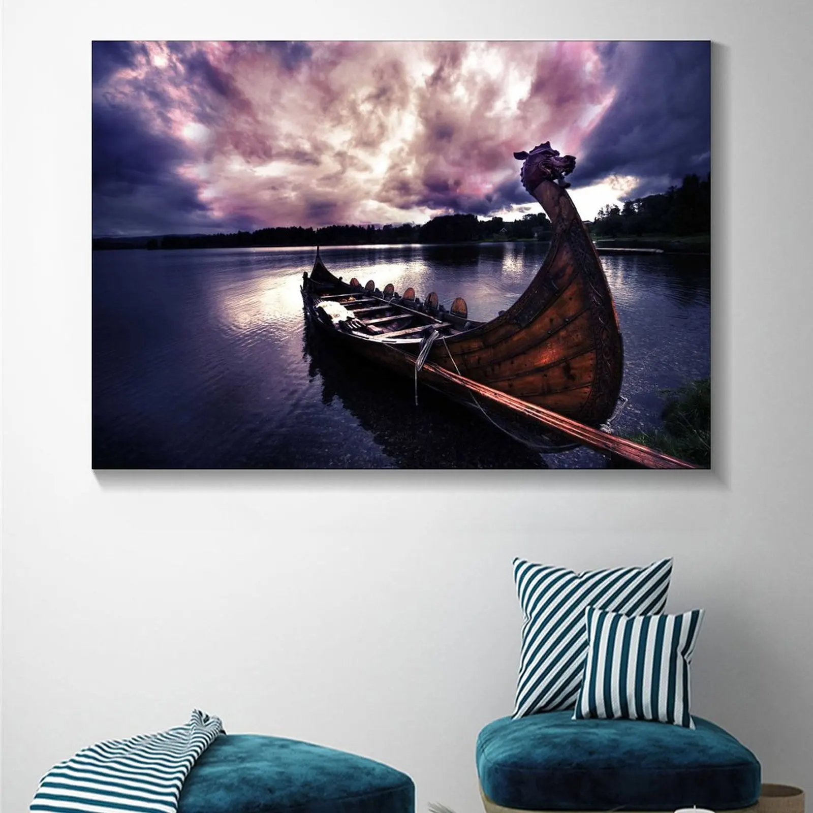 Викинги лодки Ozero Nebo Tuchi холст художественный плакат и Настенная картина печать