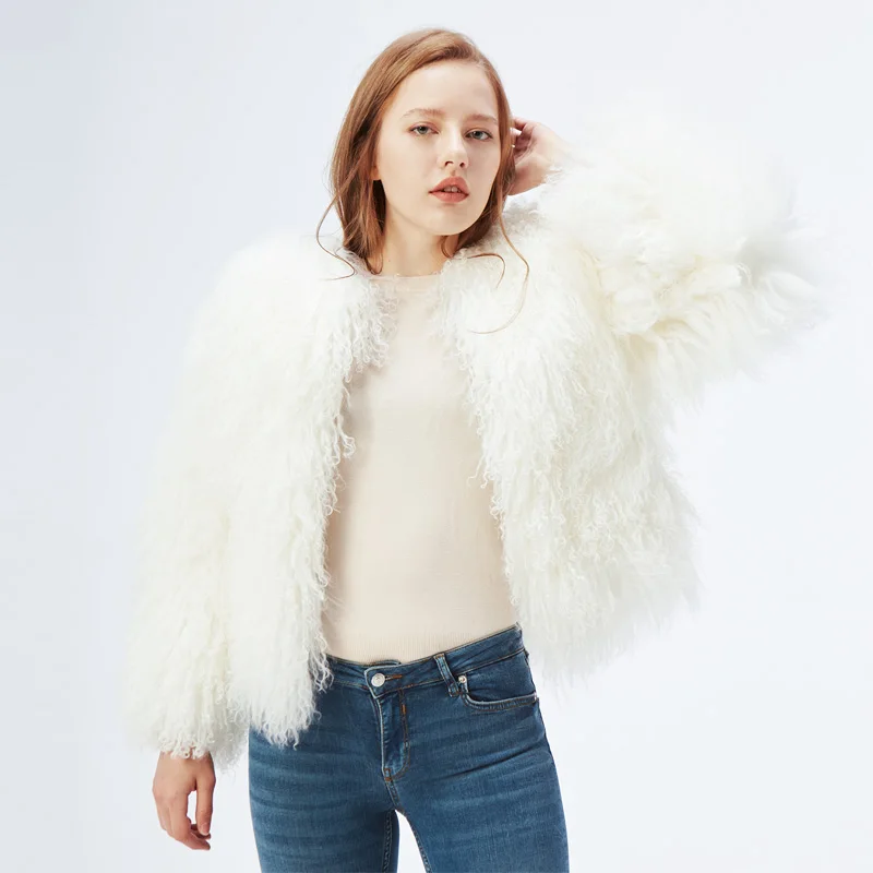 Women Real Lamb Fur Mongolia Sheep Fur Coat Patchwork Fur Jacket Fashion S Parkas Female Whole Skin Jacket 50cm Midwaist Length