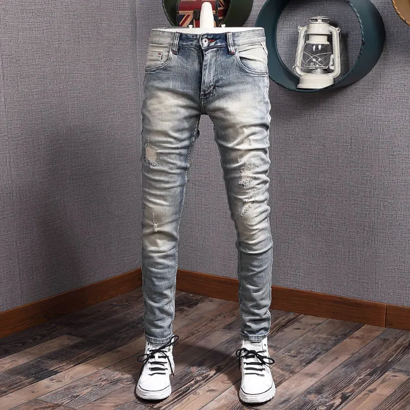 Fashion Designer Men Jeans Retro Light Blue Elastic Slim Fit Ripped Jeans Men Vintage Trousers Patched Casual Denim Pants Hombre