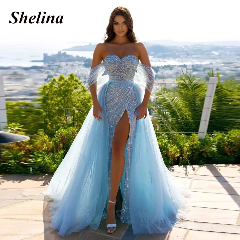 

Shelina Luxury Sequins Slit Cocktail Gowns Sweetheart Detachable Train Party Dresses Robes De Soirée Personal Customization