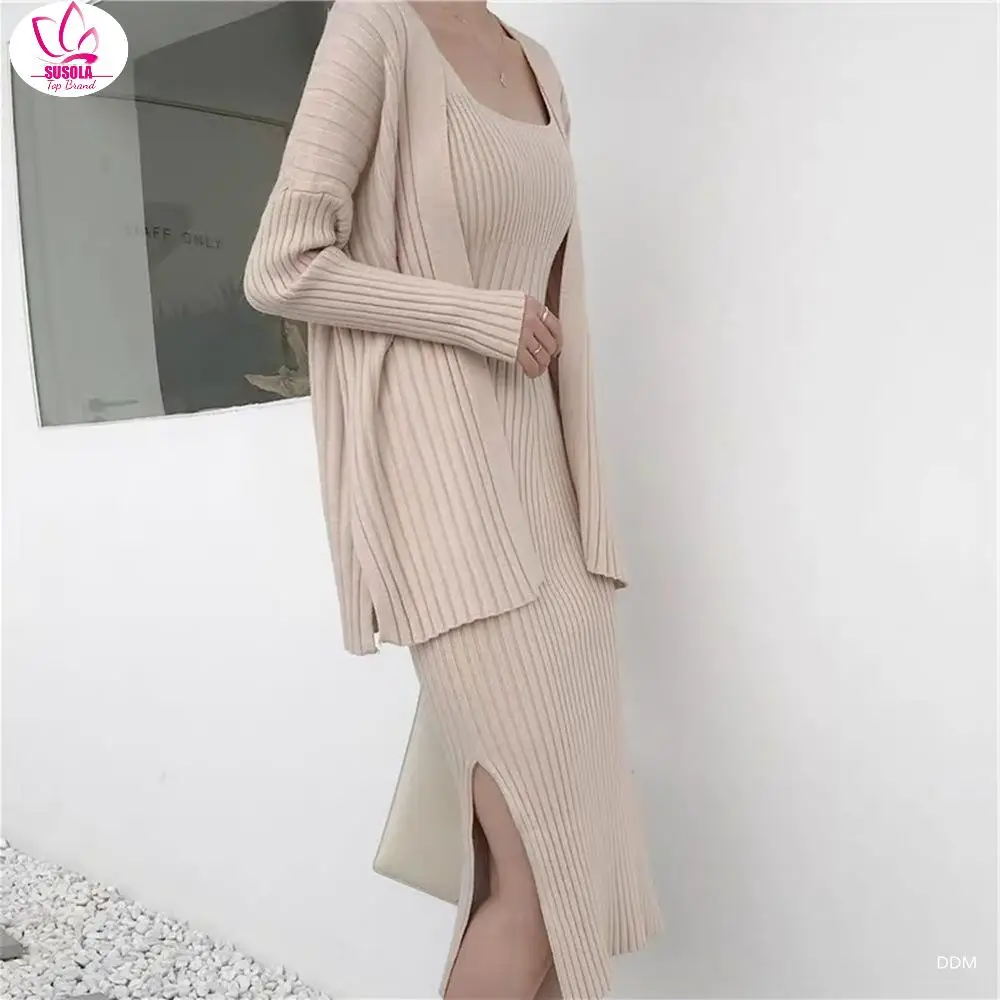 

SUSOLA New High Quality Winter Women's Casual Long Sleeved Cardigan + Suspenders Sweater Vest Dress Two Piece Runway Dress Suit