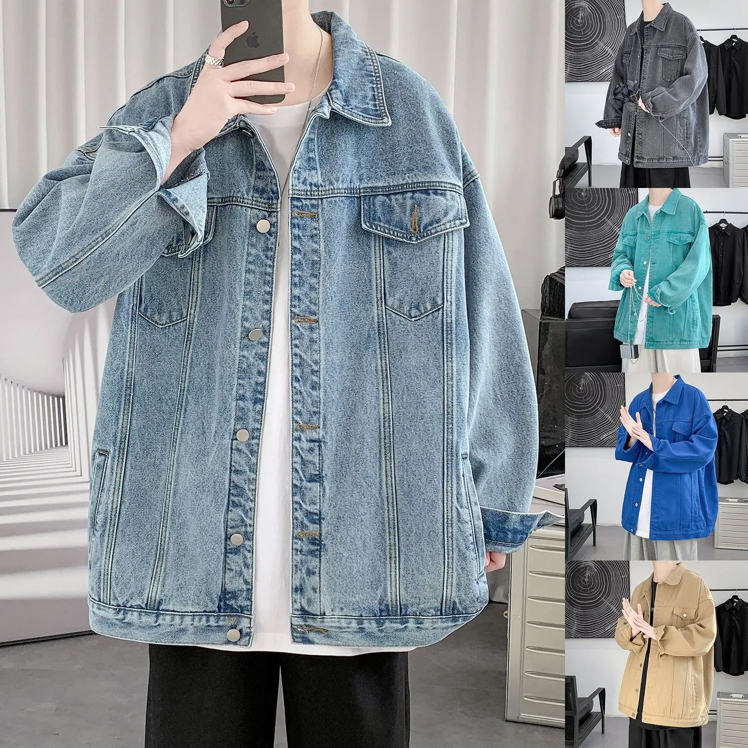 

Casual Lapel Denim Jacket Youth Work Jacket 2022 Spring New Student Couple Solid Color Jacket For Men