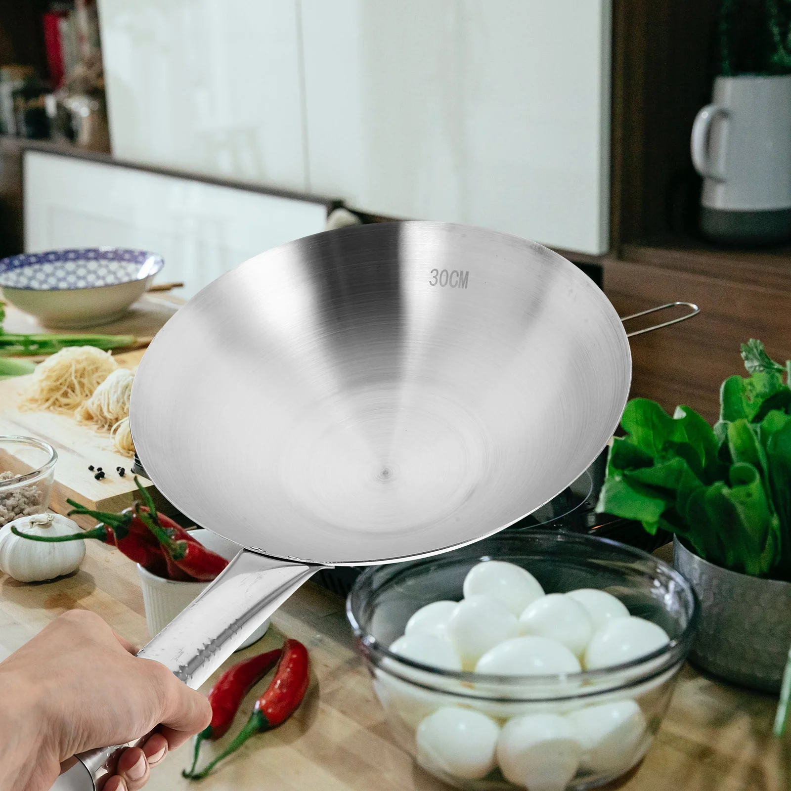 

Household Wok Pan Stainless Steel Frying Pan with Handle Kitchen Cookware Accessory Traditional chino