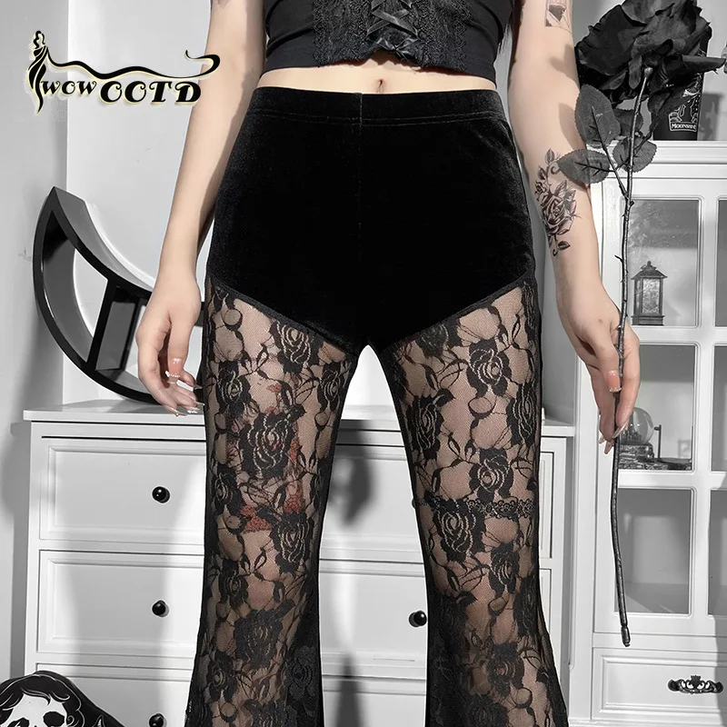 

WOWOOTD Goth Dark бархатные винтажные сетчатые женские расклешенные брюки, готические гранж сексуальные прозрачные брюки панк черные модные облег...