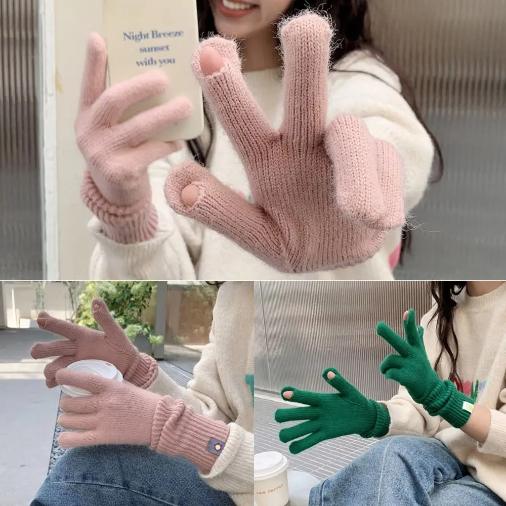 

Thicken Warm Touchable Screen Gloves Soft Exposed Two Finger Winter Mittens Knitted Elastic Long Wrist Gloves Female