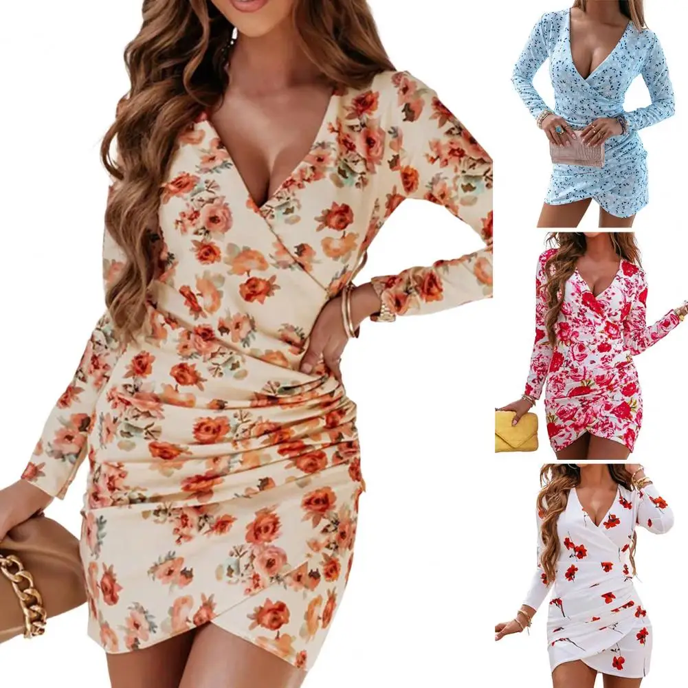 

V-neck Pleated Waist Tight High-Waist Hip Wrap Autumn Dress Floral Print Long Sleeve Skinny Short Dress Streetwear
