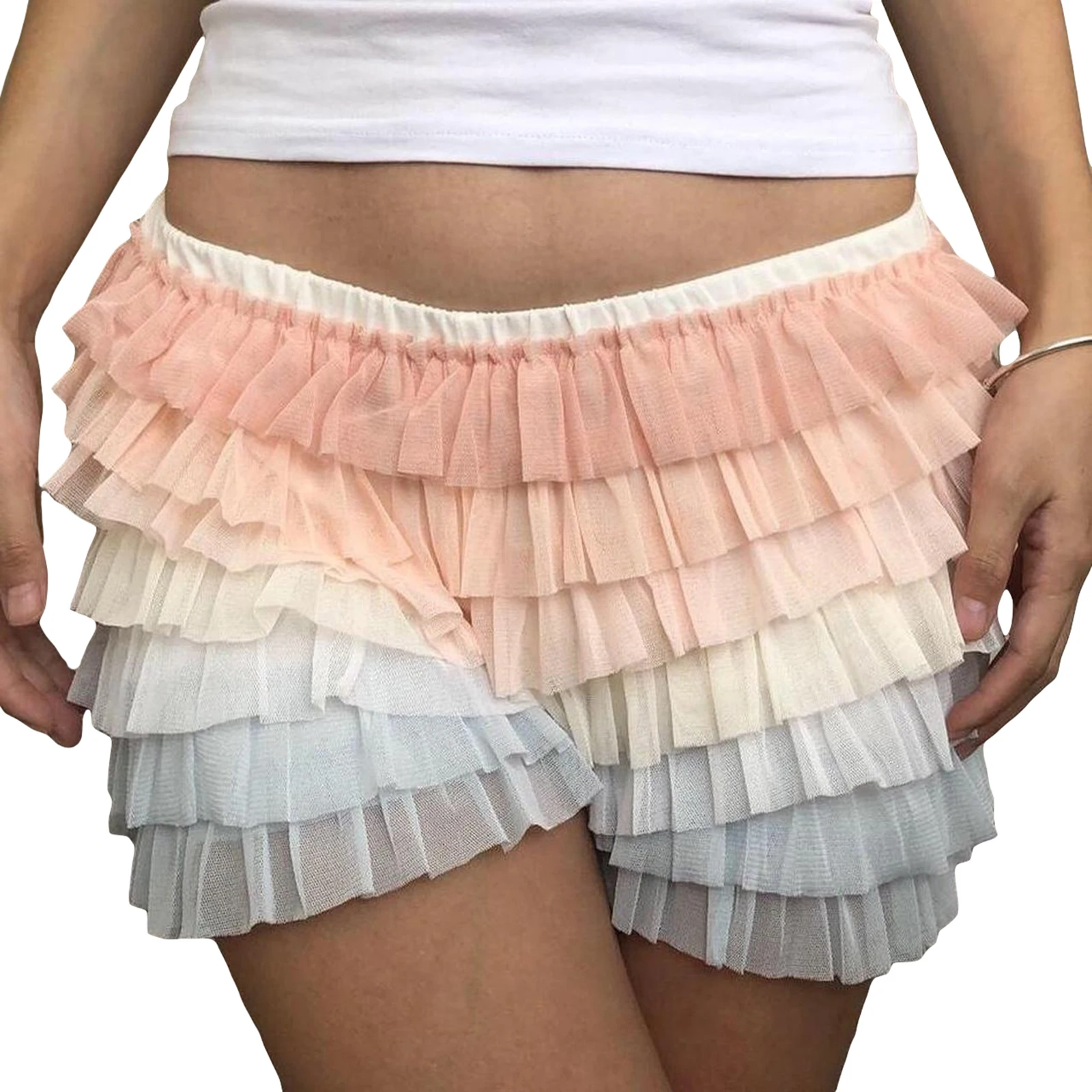 

Женские милые шорты Douhoow с радужной оборкой, многослойные кружевные мини-брюки в японском стиле с оборками и эластичным поясом