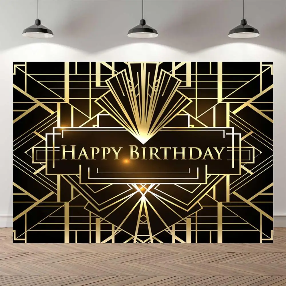 

Фон Nitree с днем рождения тема Великий Гэтсби нерегулярные черные и золотые полосы фотография Фон 7x5 футов Винил 1920s