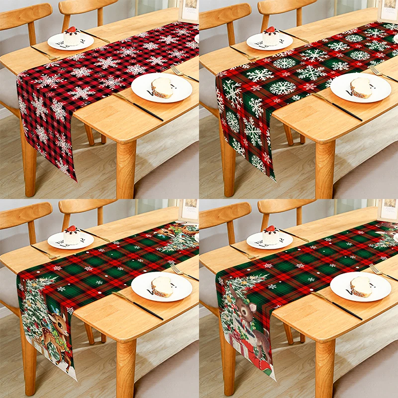 

Merry Christmas Snowflakes Dwarfs Reindeers Red Buffalo Check Table Runner for Home Dining Table Festival Party Decor Multiple S