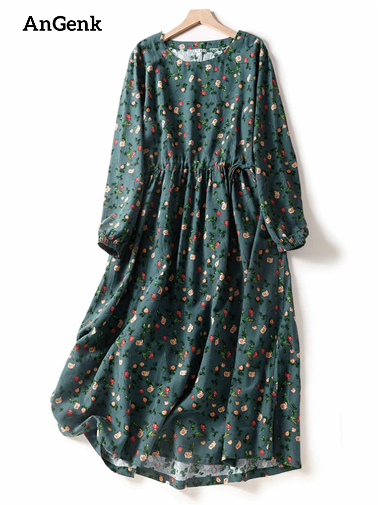 

2022 New Spring Autumn Vintage Floral Print Long Dress For Women Cotton Casual Elegant Ladies Dresses Femme Robe Fashion Clothes